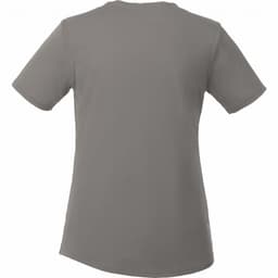 A grey women's short sleeve tech tee with a relaxed fit, featuring a subtle logo on the back.