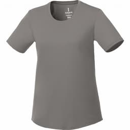 A women's short sleeve tech tee in a light grey colour, featuring a round neckline and a logo.