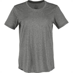 A grey short sleeve tech tee for women, featuring a round neckline and a subtle logo.