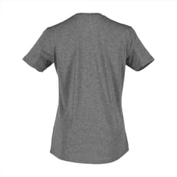 A grey women's short sleeve tech tee with a rounded hem and a logo on the back.
