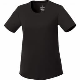 A black short sleeve tech tee for women with a round neckline and a logo on the label.