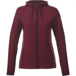 A women's knit jacket in burgundy with a hood, featuring zippered pockets and a branding logo.