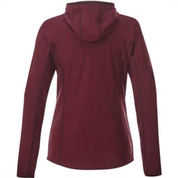 A women's knit jacket in burgundy with a hood and fitted sleeves, featuring a logo on the lower side.