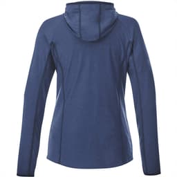 A women's Kaiser Knit Jacket in navy blue, featuring a hood and long sleeves, with a logo on the back.