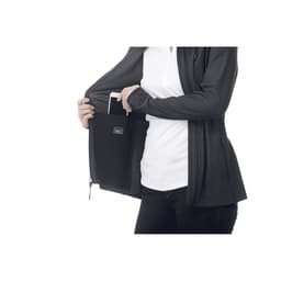 A black women's jacket, featuring a zippered interior pocket and a person holding a phone inside.