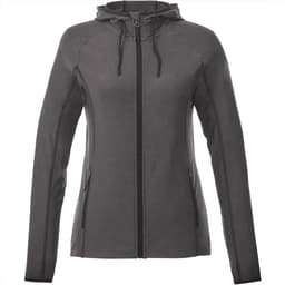 A women's grey knit jacket with a hood, featuring zippered pockets and a fitted design. It has a logo on the front.