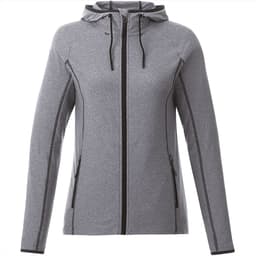 A women's grey knit jacket with a hood and black zippers, featuring side pockets and a logo.