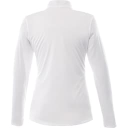 A women's half zip jacket in white, featuring long sleeves and a simple design. It has a logo on the back.