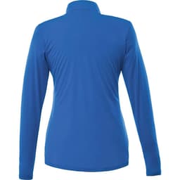 A women's half-zip jacket in blue, featuring long sleeves and a sleek design. Includes a logo on the back.