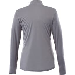 A grey women's half zip jacket featuring long sleeves and a back view. Includes a logo.