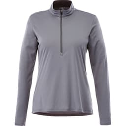 A grey women's half zip jacket with long sleeves and a zippered collar, featuring a logo on the chest.