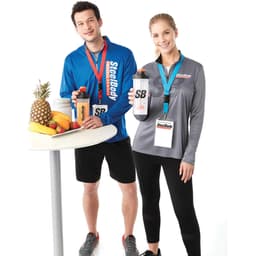 Two people wearing long-sleeve athletic tops, one in blue and one in grey, each holding a drink bottle.