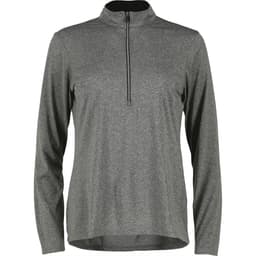 A grey half-zip long sleeve jacket featuring a high collar and a logo. Suitable for women's wear.
