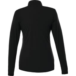 A women's black half-zip jacket featuring long sleeves and a simple design, includes a logo.
