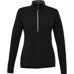 A black women's half-zip jacket with long sleeves, featuring a zippered collar and a branding logo.