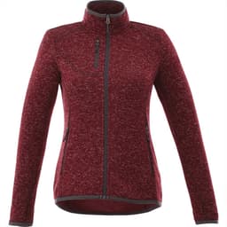 A women's knit jacket in a rich burgundy colour with zippered pockets and a high collar. Features a logo.