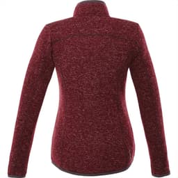 A womens' knit jacket in a burgundy tone, featuring a high collar and a logo on the back.