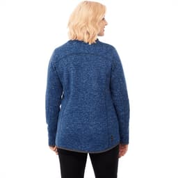 A women's knit jacket in a blue heathered design, featuring a back view with a logo on the hem.