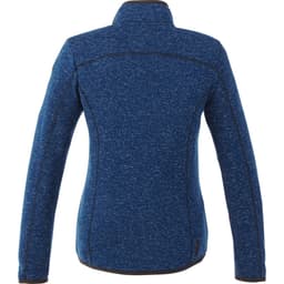 A women's knit jacket in a deep blue colour with a sleek design and a logo on the back.