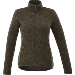 A women's knit jacket in dark grey with a zippered front and pockets, featuring a stand-up collar and a logo.
