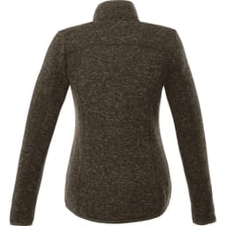 A green knit jacket for women with a fitted design and a high collar. It features long sleeves and has a logo.