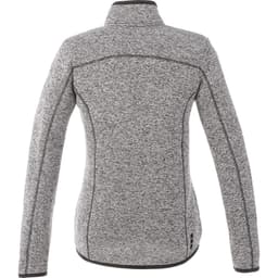 A women's grey knit jacket with a high collar and fitted design, featuring seam detailing and a logo.