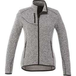 A women's knit jacket in grey with a zip front and detailing. It features a logo on the upper left.
