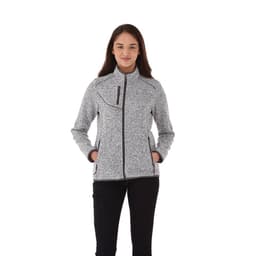A women's knit jacket in grey, featuring a zip front and pockets, with a logo.