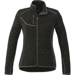 A women's black knit jacket featuring a zip front and grey accents, with two side pockets and a logo.