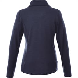 A navy blue women's knitted jumper with a half zip and a collar, featuring a branding logo.