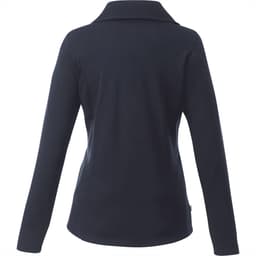 A women's knitted jumper in navy with a half zip and a collar, featuring a logo on the side.