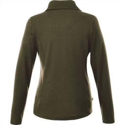 A green knitted jumper with a half zip and a high collar, featuring long sleeves and a subtle, textured pattern.