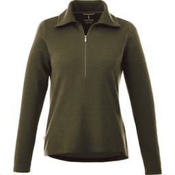 A knitted women's jumper in olive green with a half zip and long sleeves. It features a branding logo.