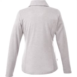A light grey knitted jumper with a half zip and long sleeves, featuring a collar and a logo.