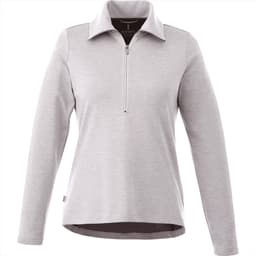A light grey women's jumper with a half zip and long sleeves, featuring a subtle logo.