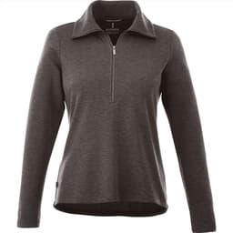 A women's knitted jumper in dark grey with a half zip and a collar. Features a logo on the upper.