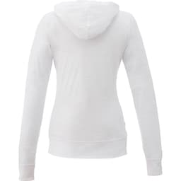 A white women's full zip hoodie with a hood and long sleeves, featuring a small logo on the back.