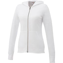 A white women's full zip hoody featuring a hood and front pockets, with a logo on it.