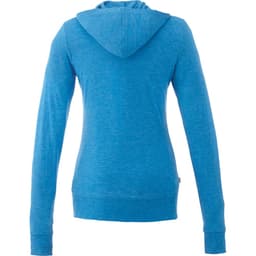 A blue women's full zip hoody with a relaxed fit and long sleeves, featuring a hood at the back and a logo.