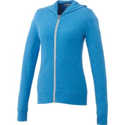 A blue women's full zip hoodie with a hood and long sleeves, featuring a logo.