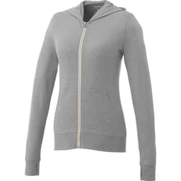 A grey women's knit full zip hoody featuring a hood and front pockets, with a logo on the design.