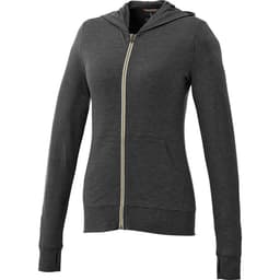 A women's grey full-zip hoodie with a hood and long sleeves, featuring a zip closure and a logo.