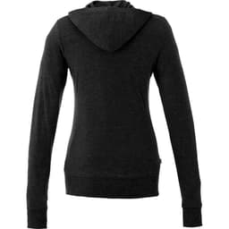 A women's full zip hoody in dark grey with a hood and long sleeves, featuring a logo.