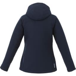 A women's softshell jacket in navy, featuring a hood and back view, with a logo on the fabric.