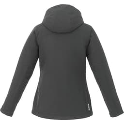 A women's softshell jacket in dark grey with a hood and a branded logo on the back.