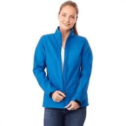 A blue women's softshell jacket with a zip front and a collar, featuring a logo.