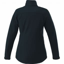 A women's softshell jacket in dark navy with a high collar and long sleeves, featuring a logo.
