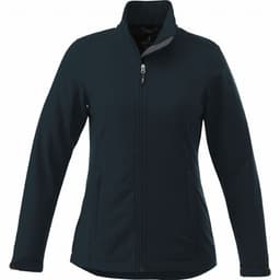 A women's softshell jacket in dark blue with a zip front and stand collar, featuring a logo.