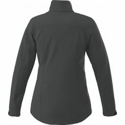A women's softshell jacket in dark grey, featuring a high collar and long sleeves. It includes a logo.
