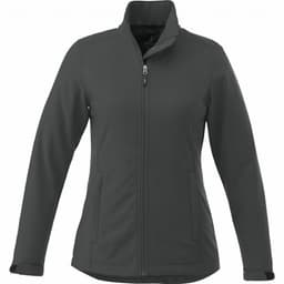 A women's softshell jacket in dark grey, featuring a zip front and a high collar, with logo branding.